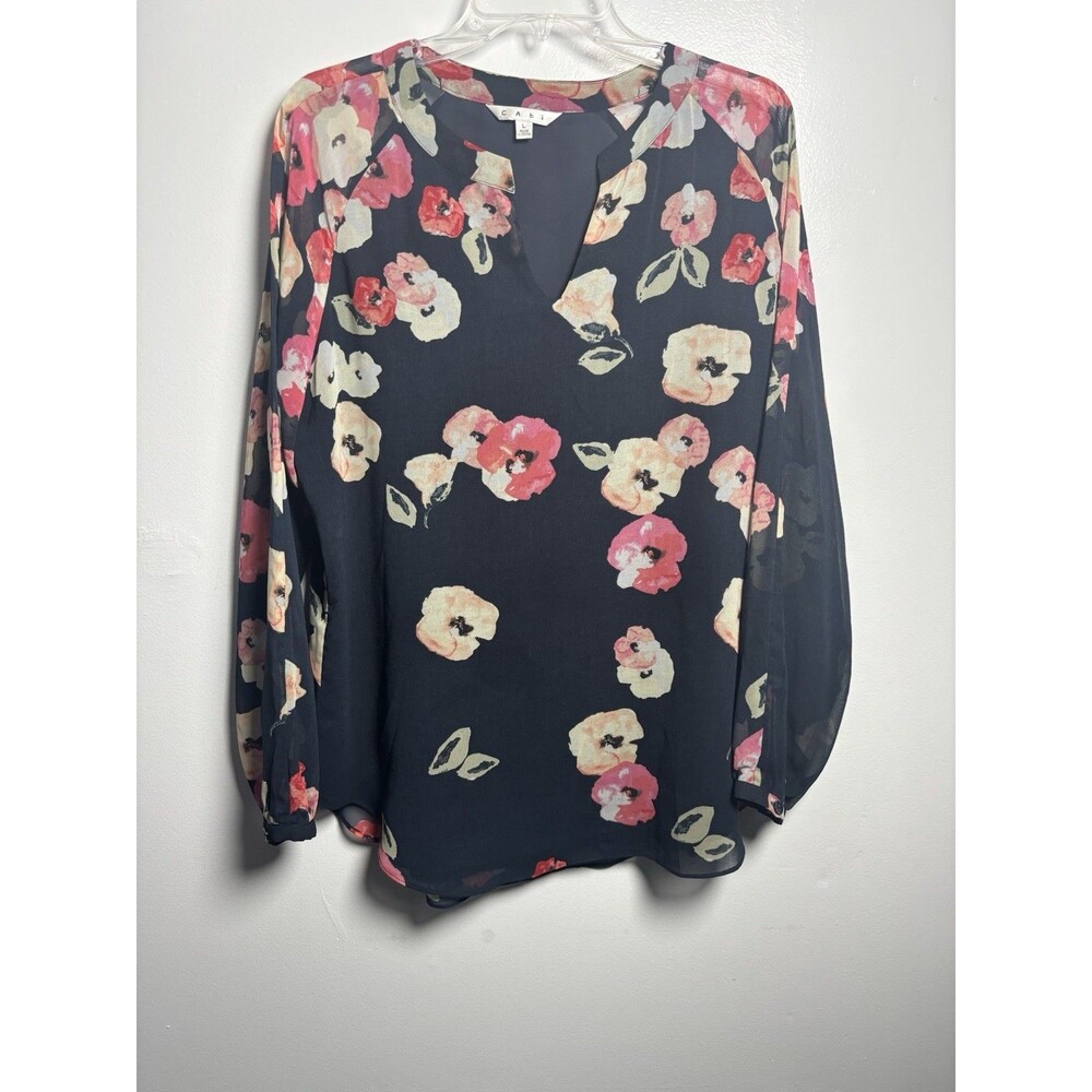 Cabi Black Floral Tunic V-Neck Top Semi Sheer, Empire Waist, Size S